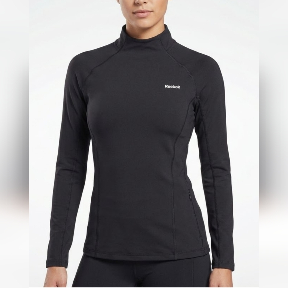 Reebok PlayDry Mock Neck Long Sleeve Compression Top - Black, Size M
